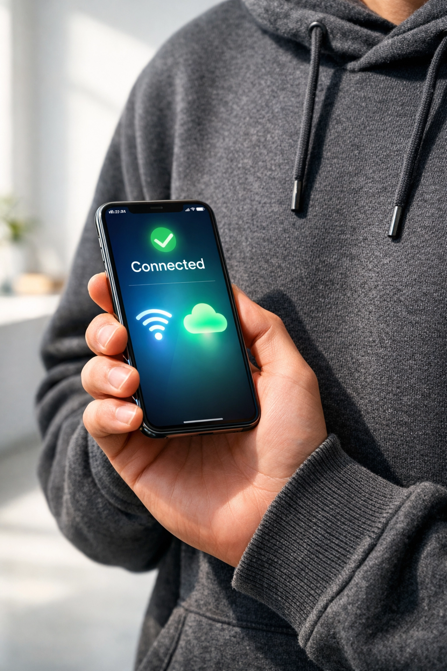 Close-up of a person scanning a premium charcoal grey smart hoodie with a smartphone for a phygital experience.