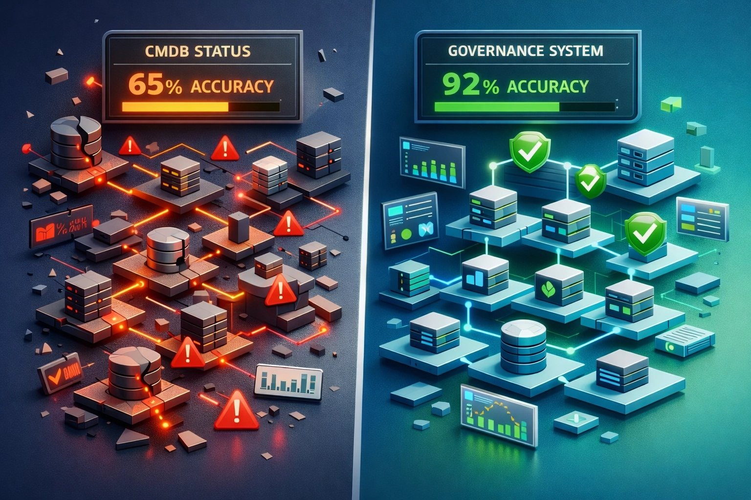 CMDB accuracy comparison: 65% without governance vs 92% with formal discovery governance framework
