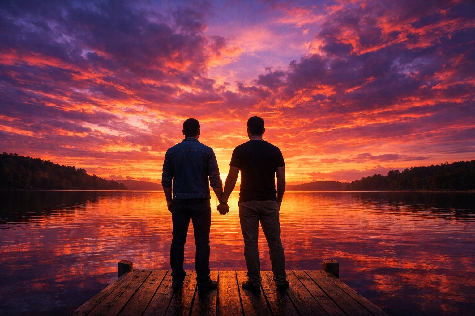 Two men holding hands at sunset, representing the bright future and high earnings of LGBTQ+ authors in 2026.