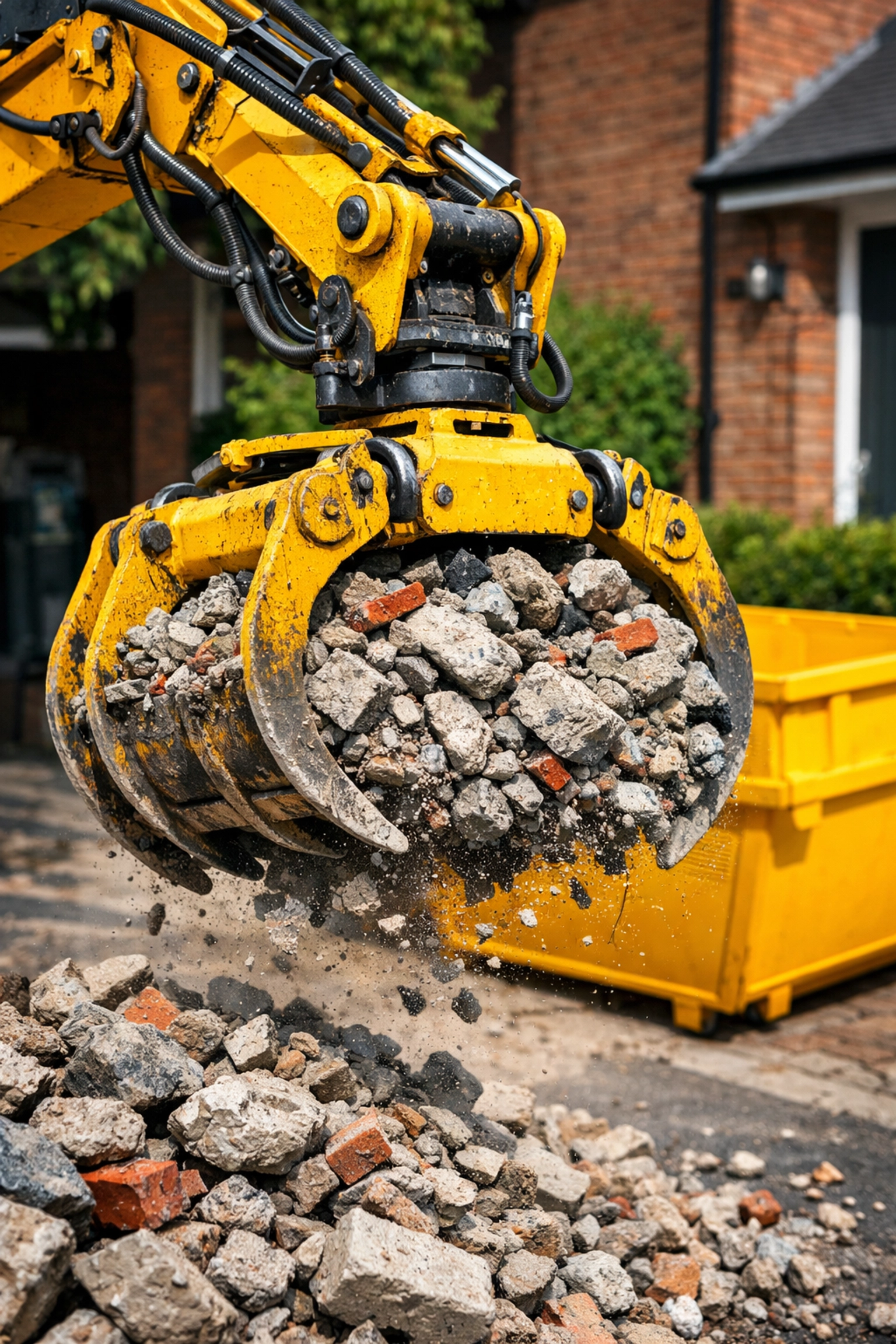 Grab hire truck removing hardcore waste from a driveway next to a construction skip.