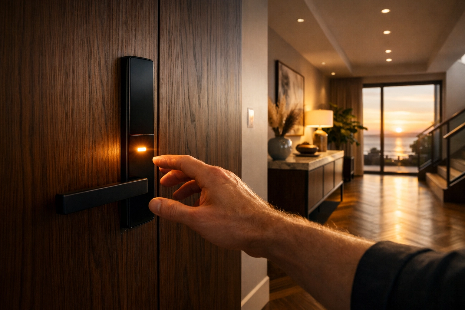 A minimalist smart lock integrated into a bespoke dark-wood front door in a modern West Sussex home.