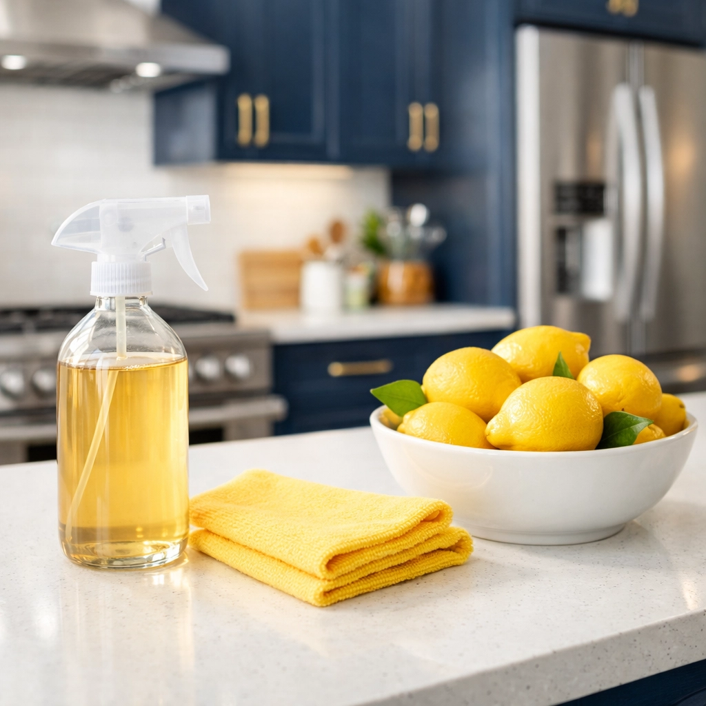 Eco-friendly house cleaning supplies on a pristine Ashland kitchen counter with white quartz.