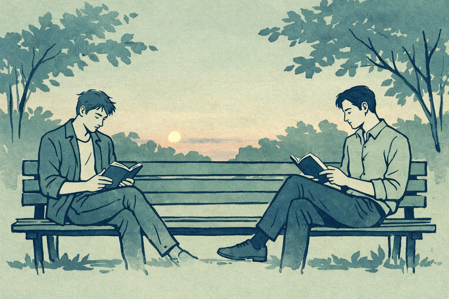 Contemporary gay romance: two men reading on park bench, emotional tension building through literature