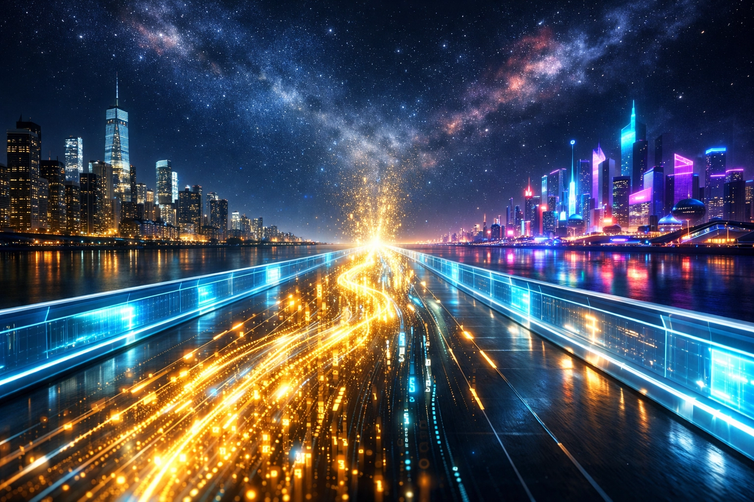Futuristic digital bridge connecting global commerce and the metaverse through Larecoin's Web3 payment rails.