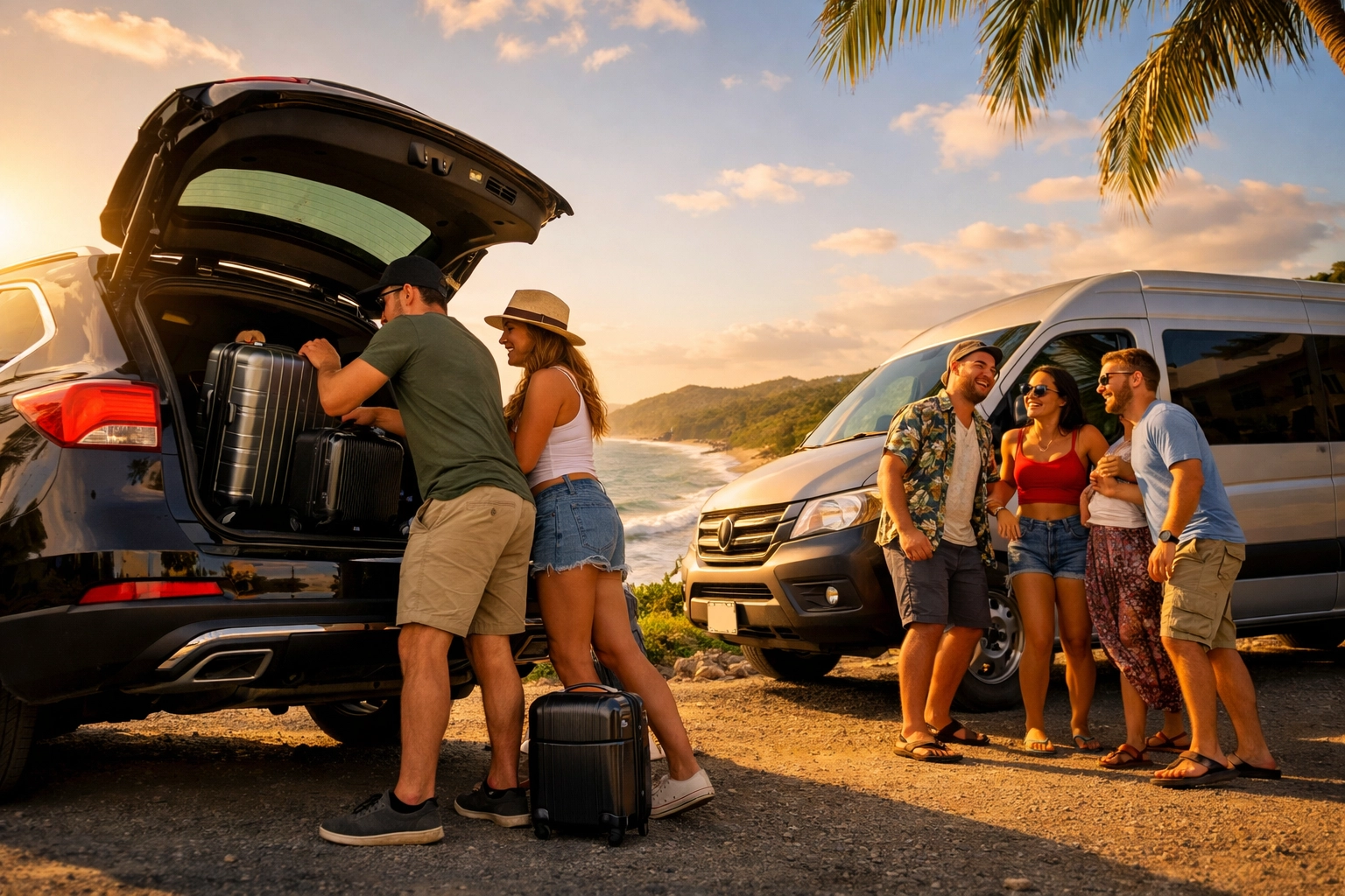 Luxury private transfer Liberia airport SUV and shuttle at a scenic Costa Rica beach.