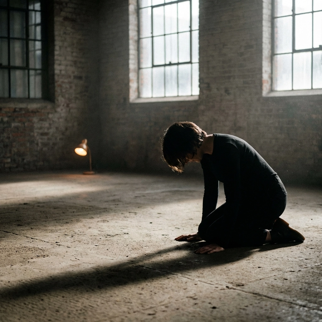 Person kneeling on concrete floor under soft window light, embodying objectification kink intimacy and trust.