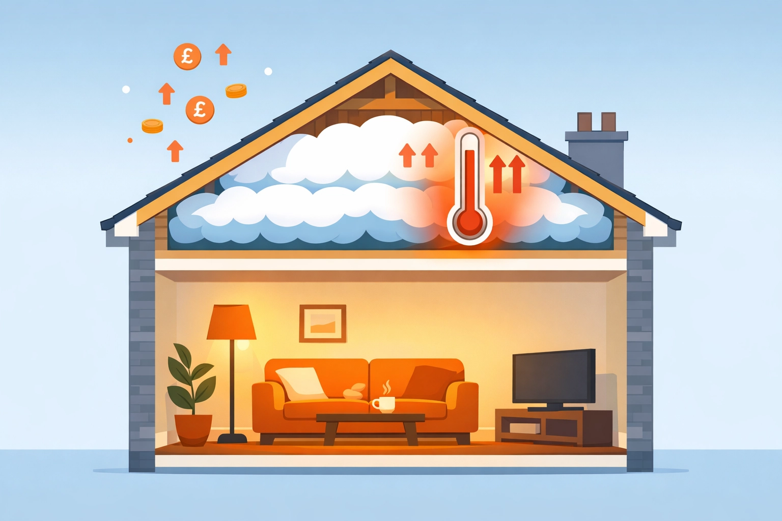 Cross-section of UK home showing loft insulation reducing heat loss and energy bills