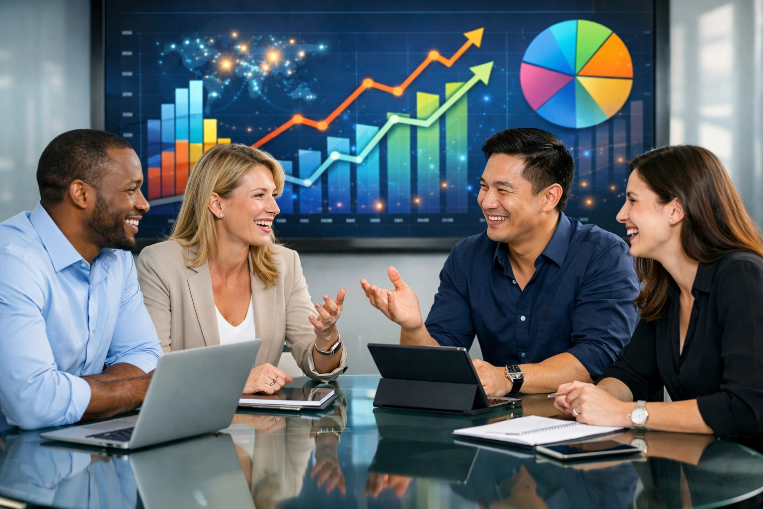 A professional marketing team collaborating on digital media distribution and sports agency strategy.