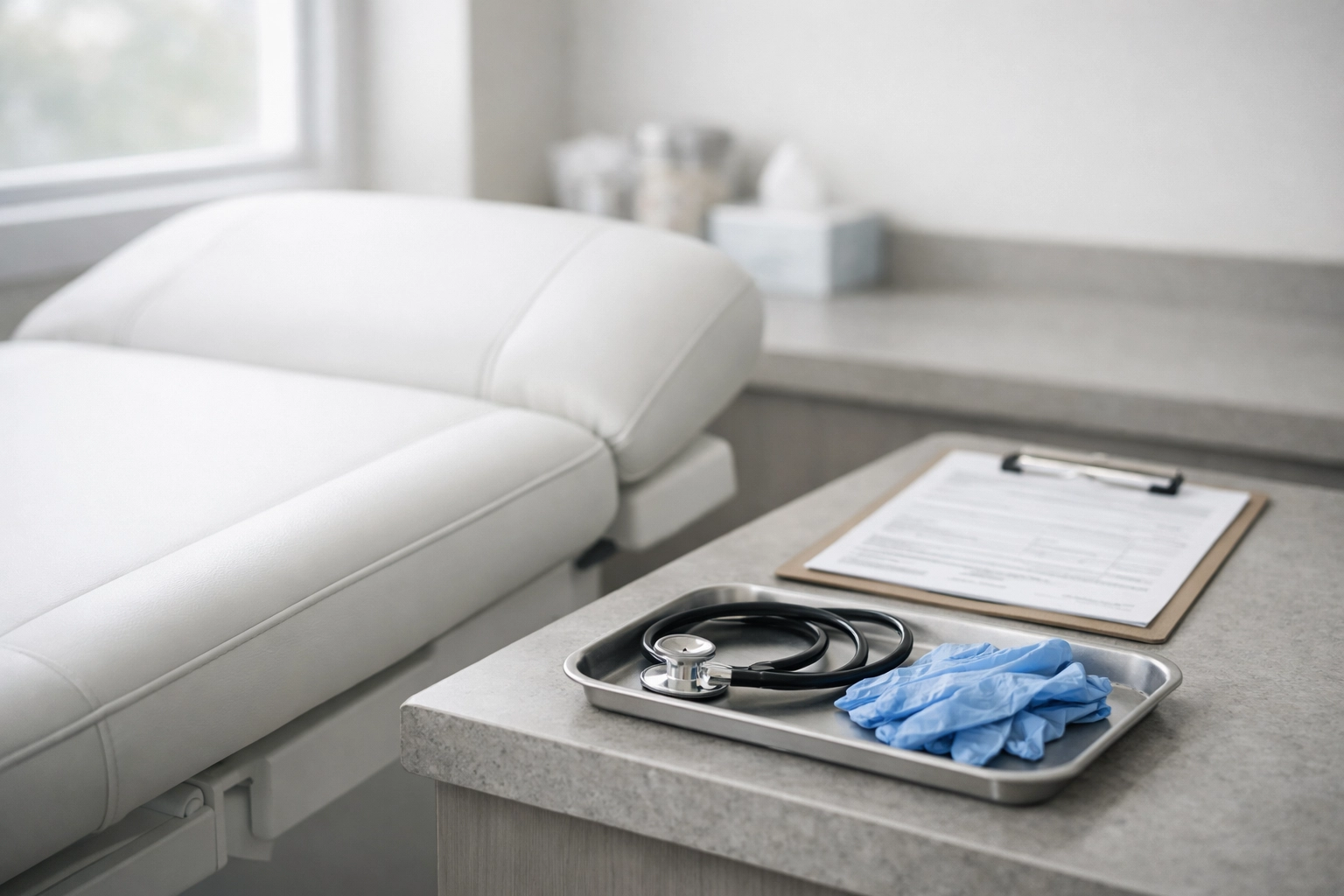 Pristine upholstered medical exam table in a clean clinic room meeting healthcare safety standards.
