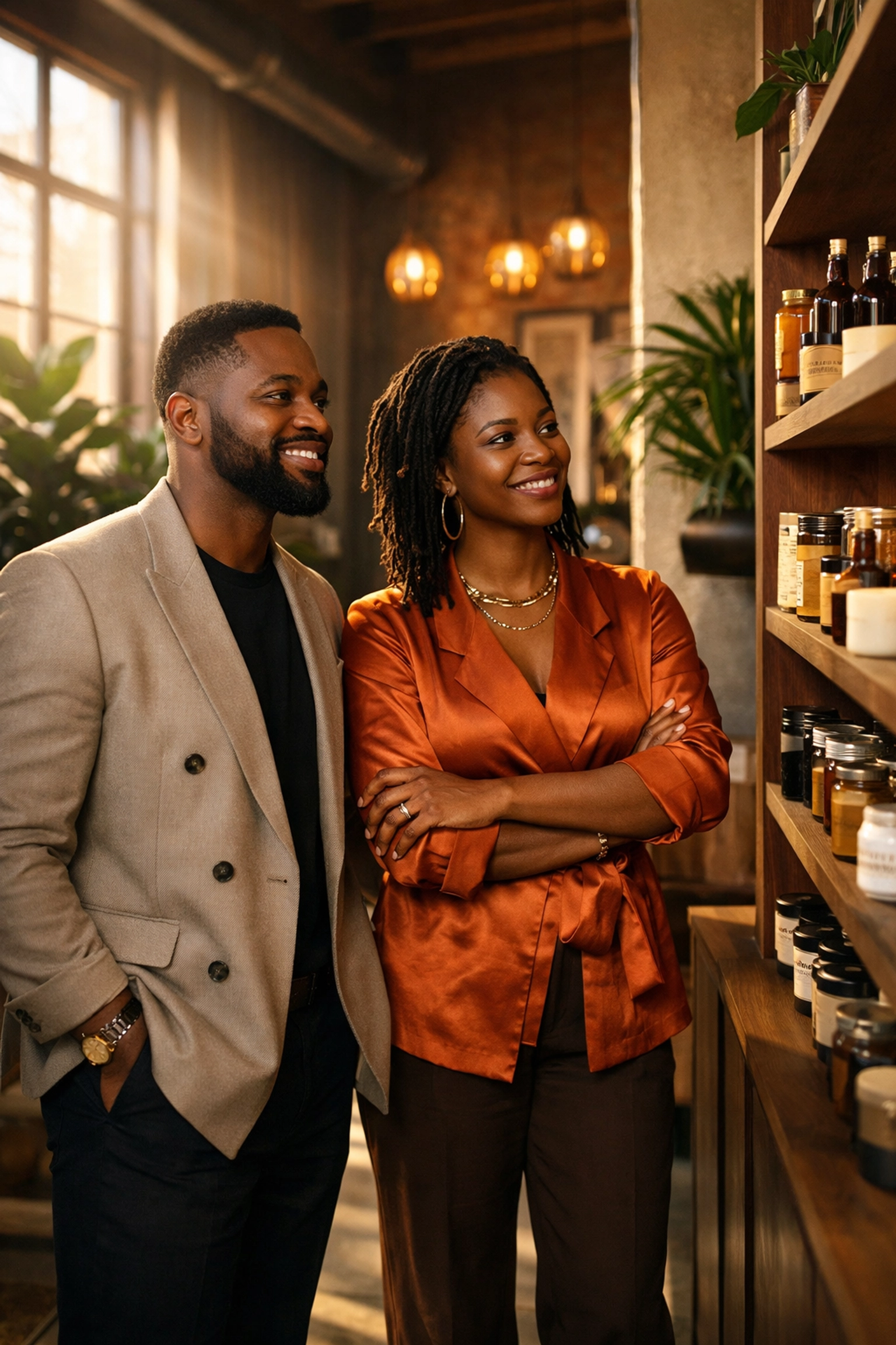 Black entrepreneurs in a modern shop showcasing artisan products and community success.