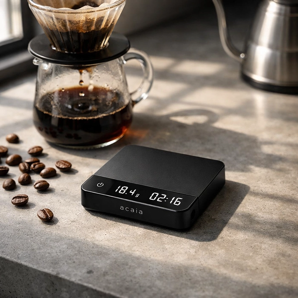 Acaia Pyxis Black precision scale with pour-over coffee brewing setup