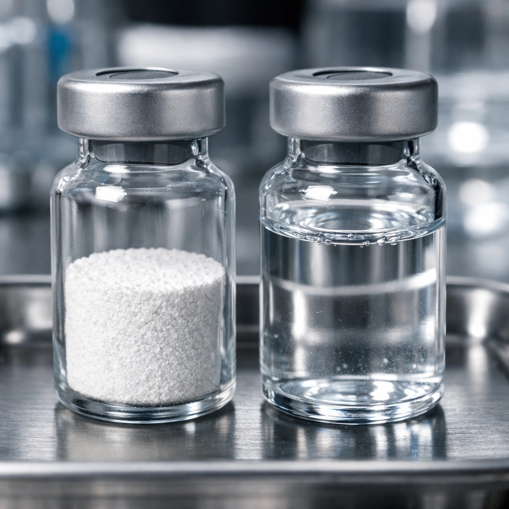 Comparison of lyophilized tirzepatide powder and bacteriostatic water for peptide reconstitution.