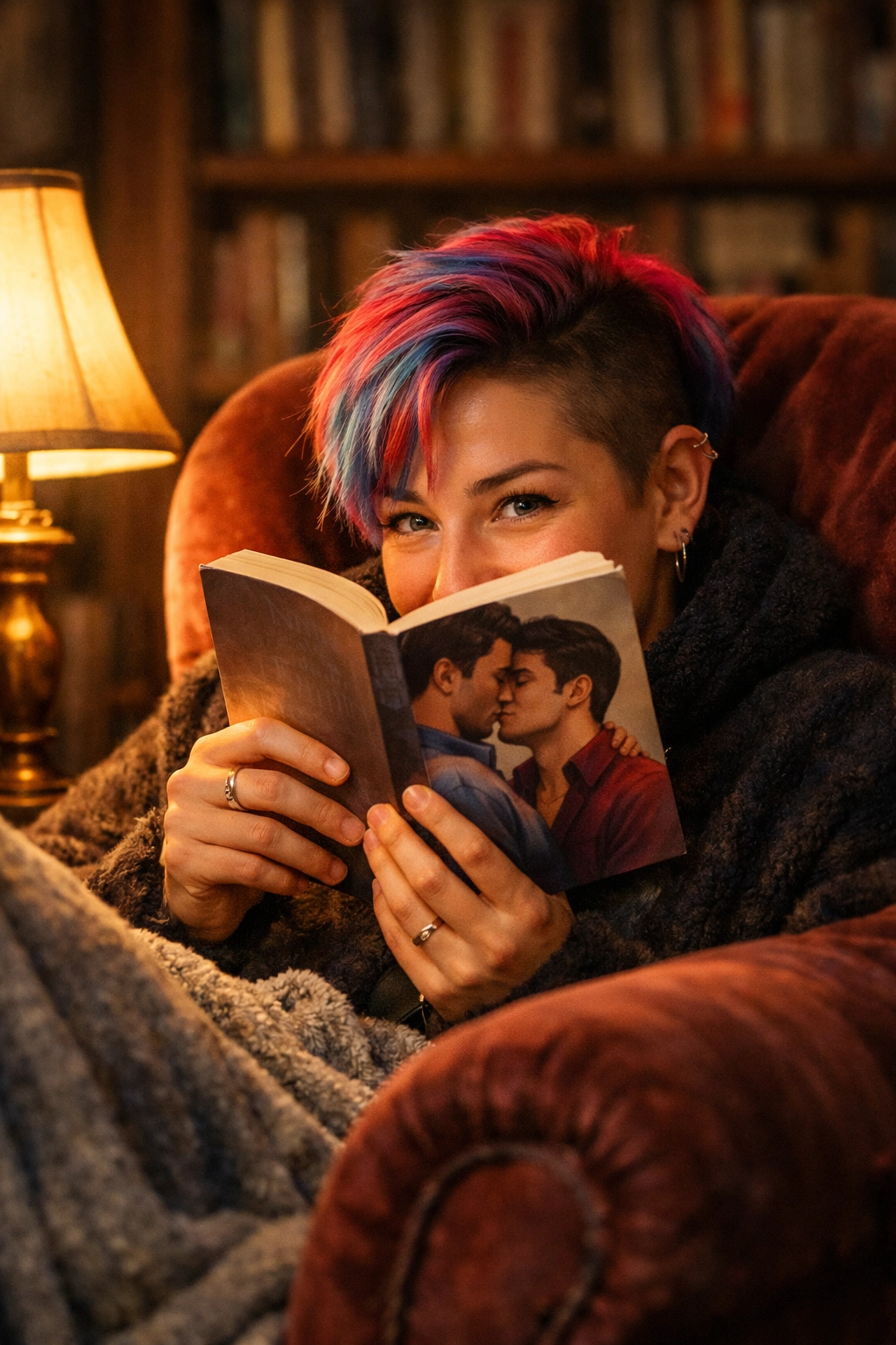 Queer reader happily finding the perfect gay romance novel in a cozy atmosphere.