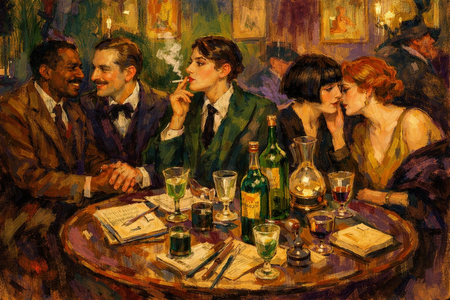 LGBTQ+ artists and writers gathering at a Montparnasse café in Jazz Age Paris with absinthe