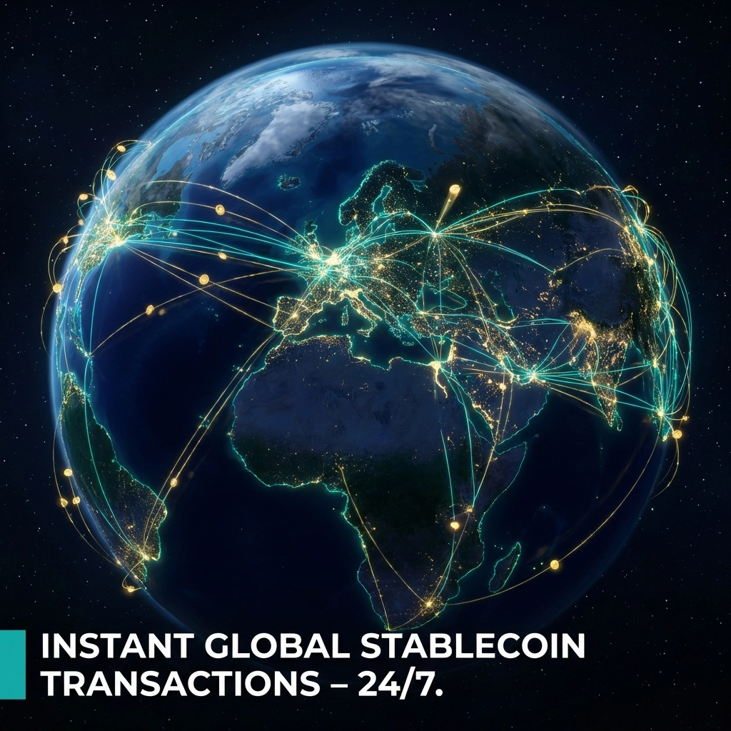World map glowing with global stablecoin payment connections illustrating instant cross-border crypto transactions.