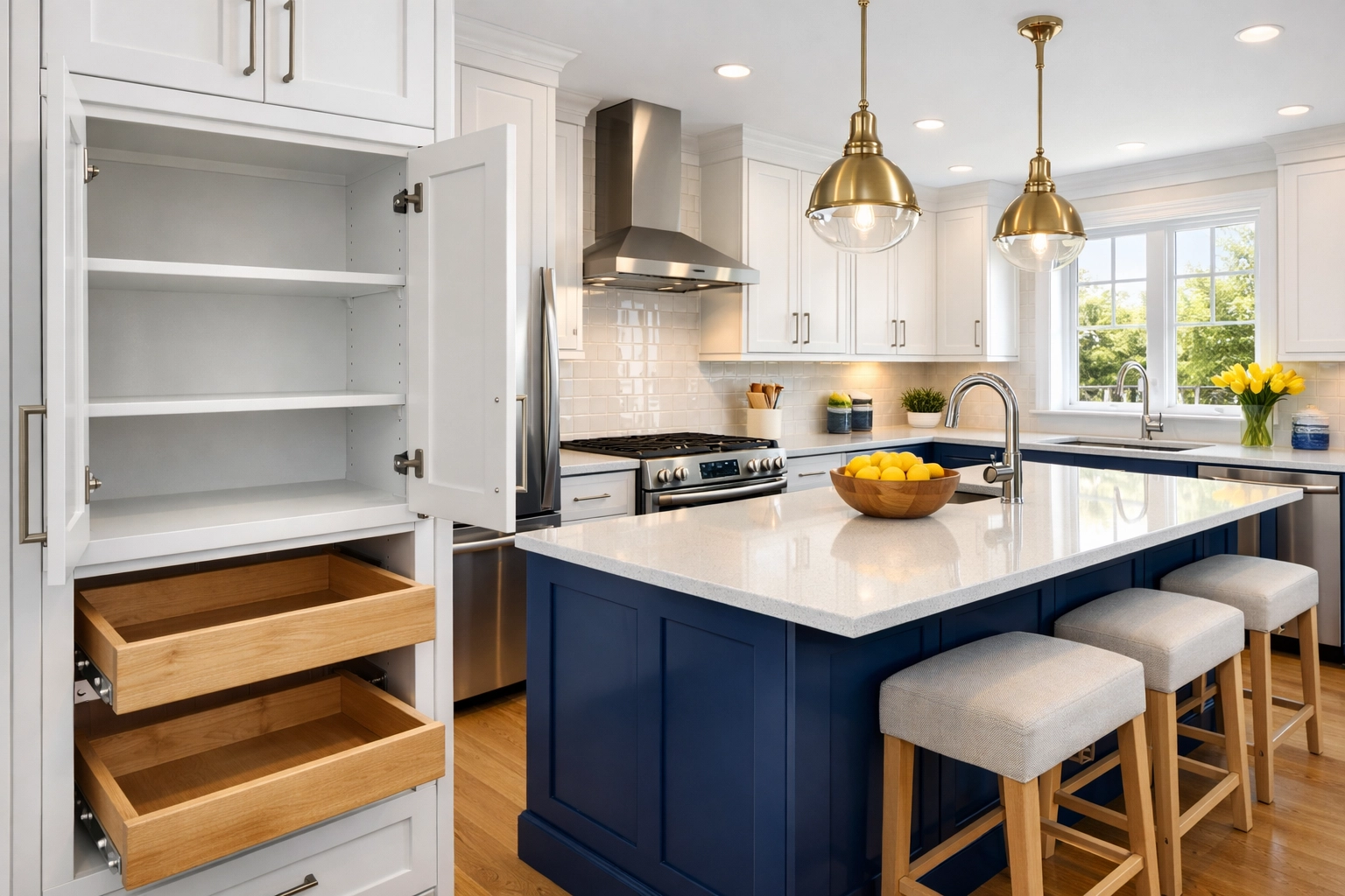 A sparkling clean, newly renovated Lunenburg kitchen with white cabinets and dust-free surfaces.