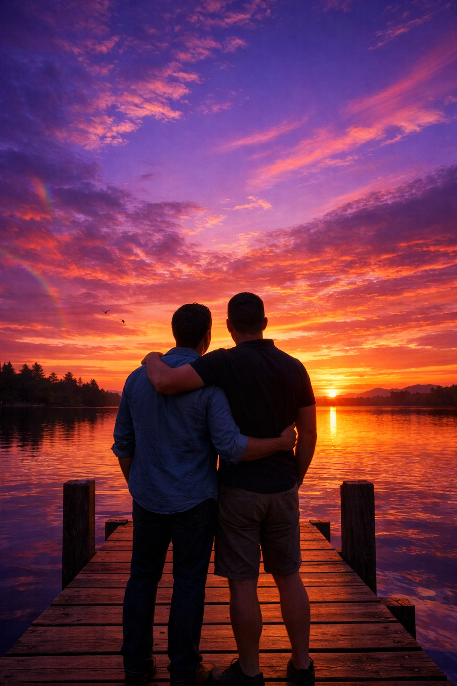 A male couple embracing on a pier at sunset, symbolizing a happy ever after in queer fiction.