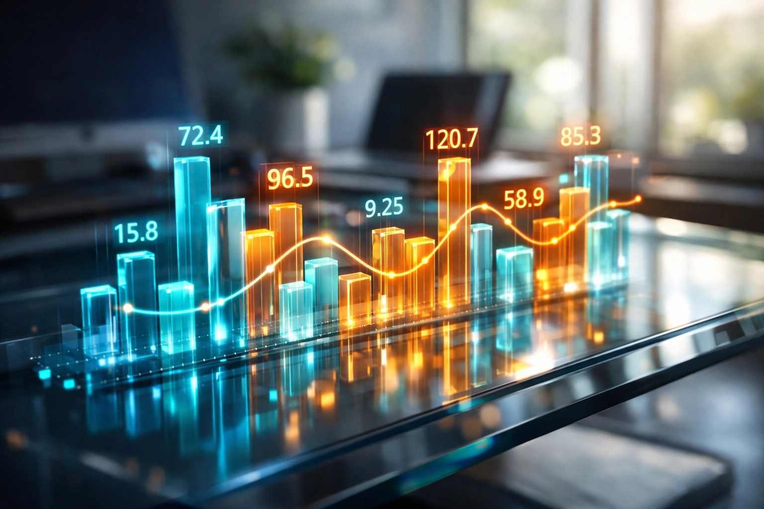 Holographic data charts and statistics visual representing content repurposing into social graphics.