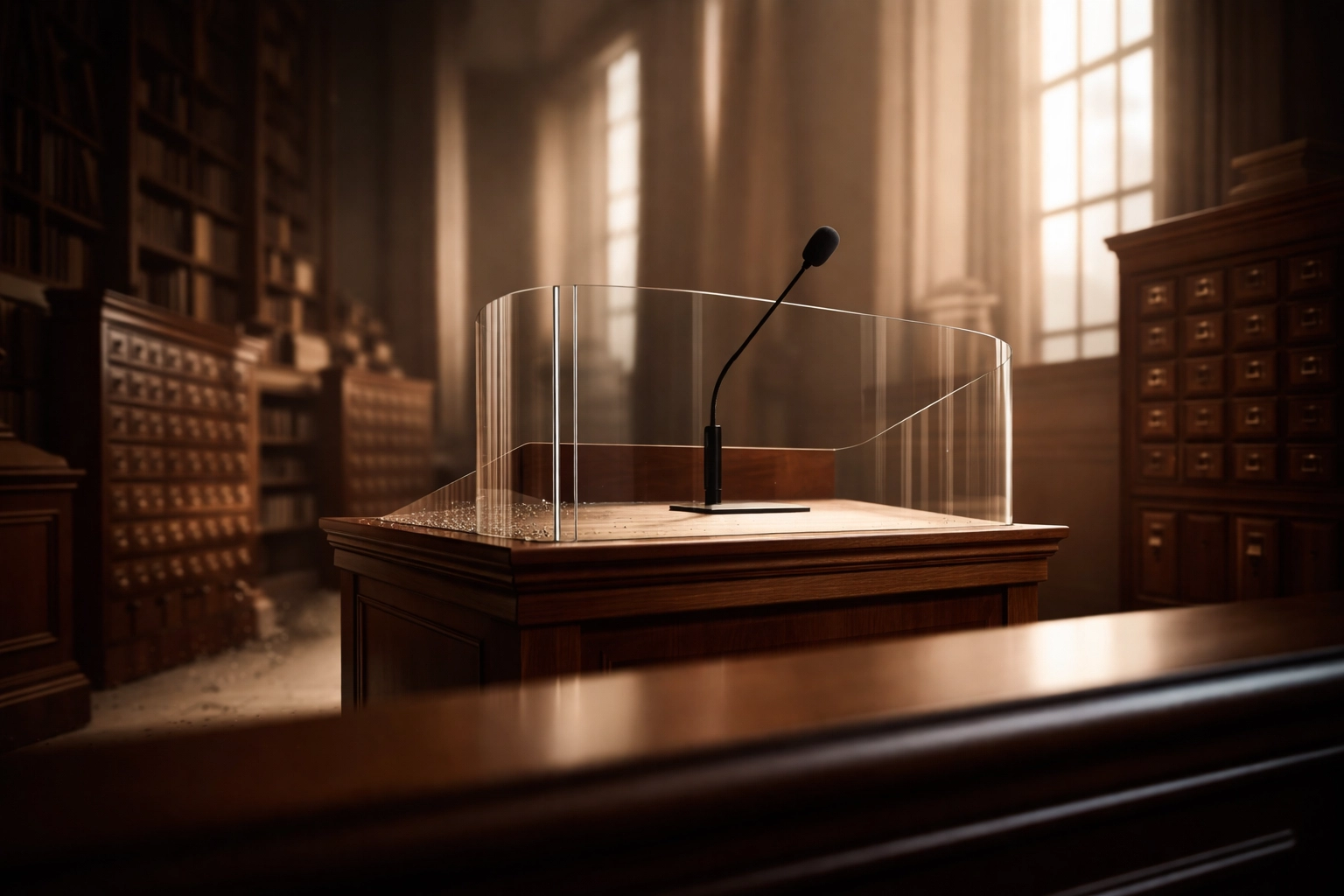 A modern courtroom witness stand illuminated before dusty library shelves, symbolizing SEO's shift from library science to testimony.