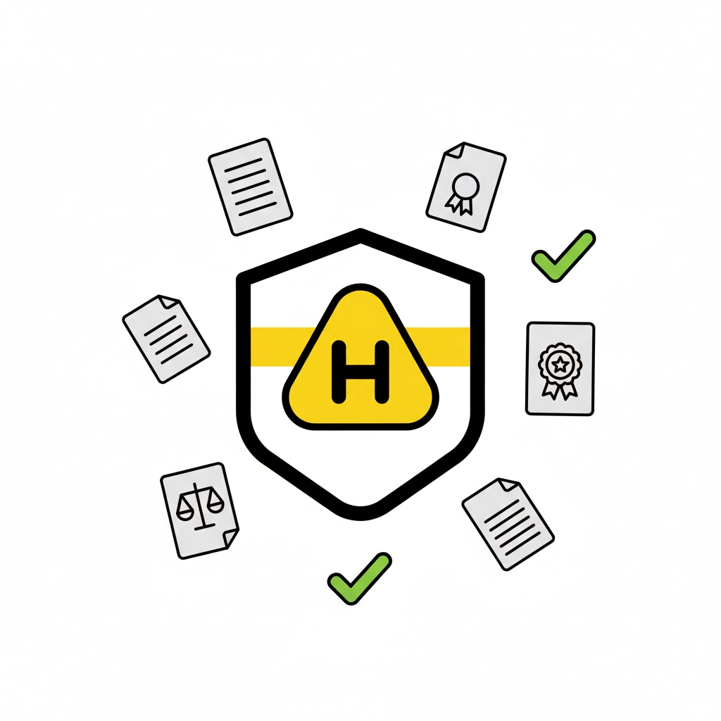 Shield with yellow "H" surrounded by documents, certificates, scales, and green checkmarks on white background. Symbols of security and approval.
