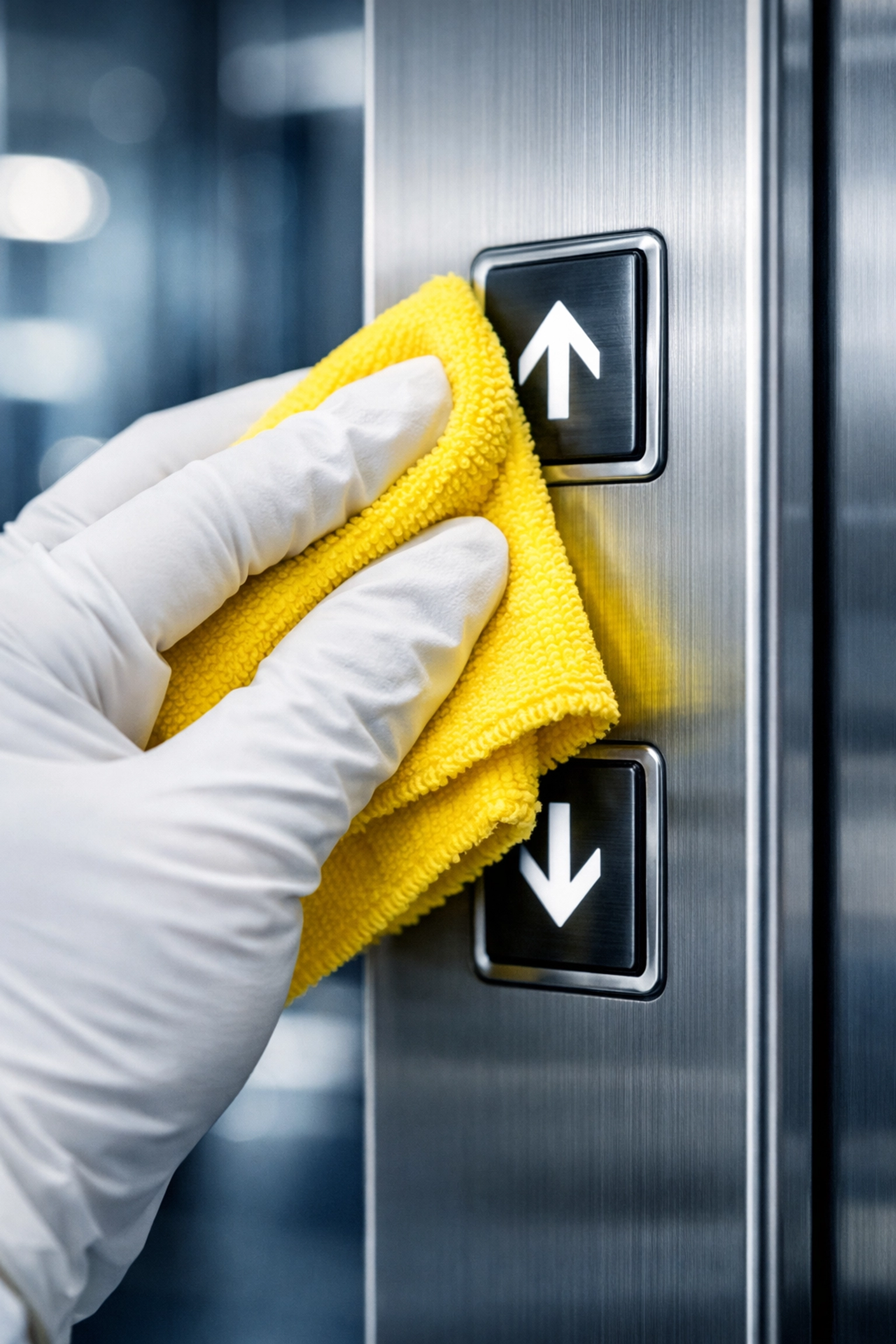 Professional office cleaning Worcester technician disinfecting high-touch elevator buttons in a lobby.