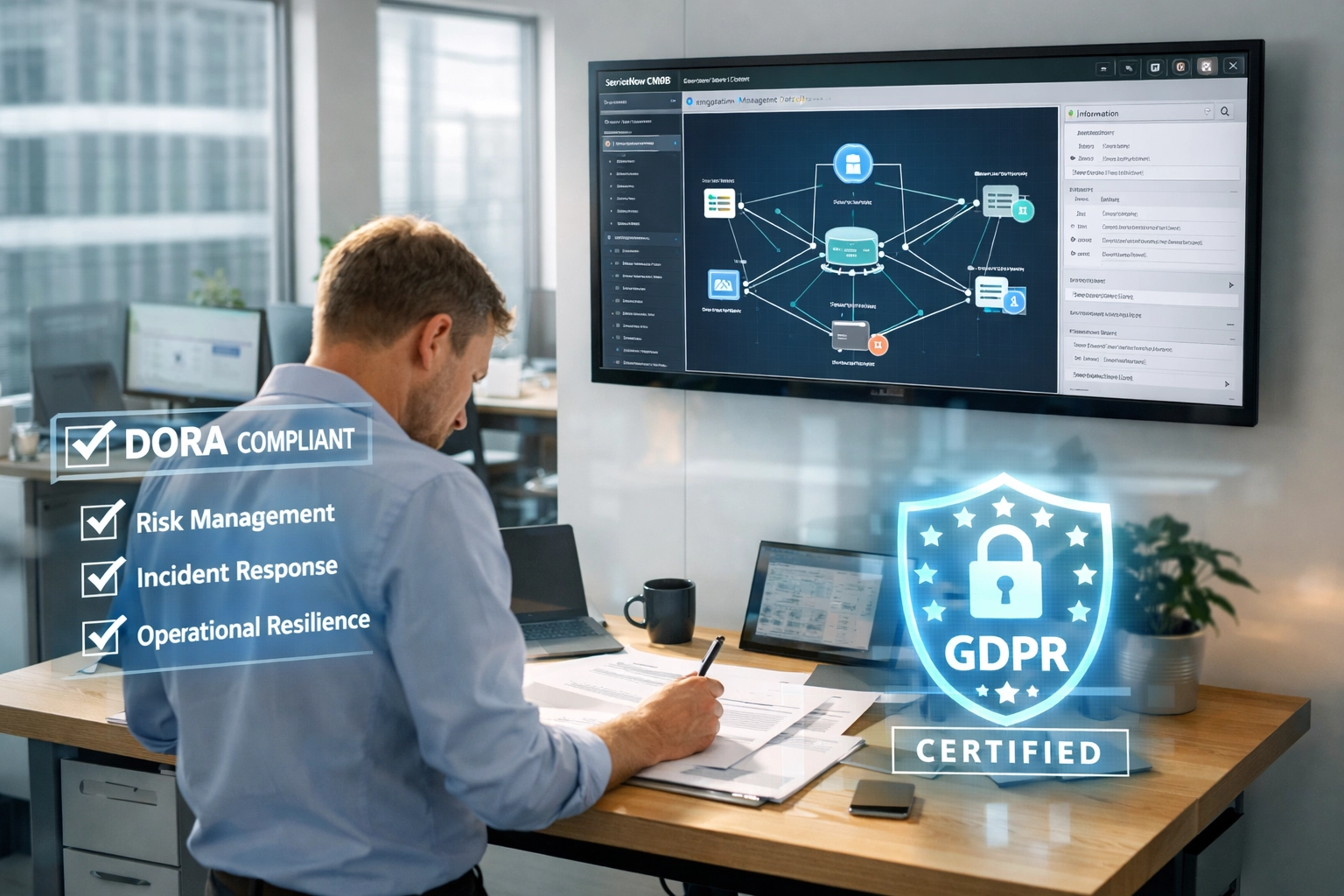 GDPR and DORA compliance monitoring on ServiceNow CMDB interface in European tech workspace