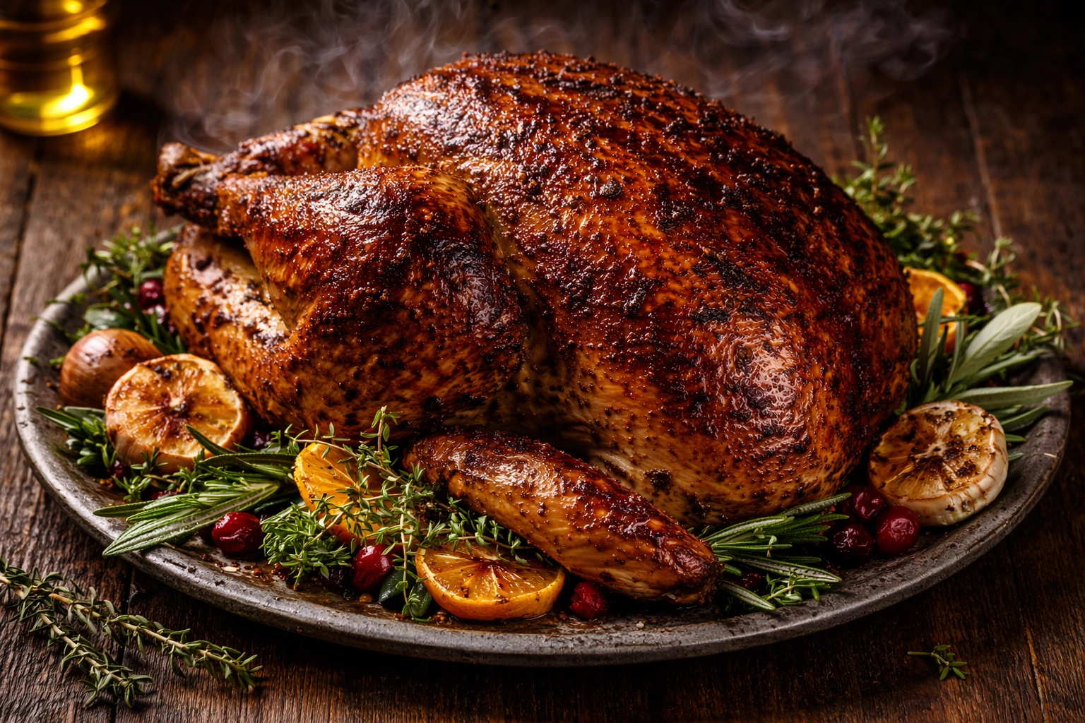 Smoked Thanksgiving turkey on platter with glossy skin