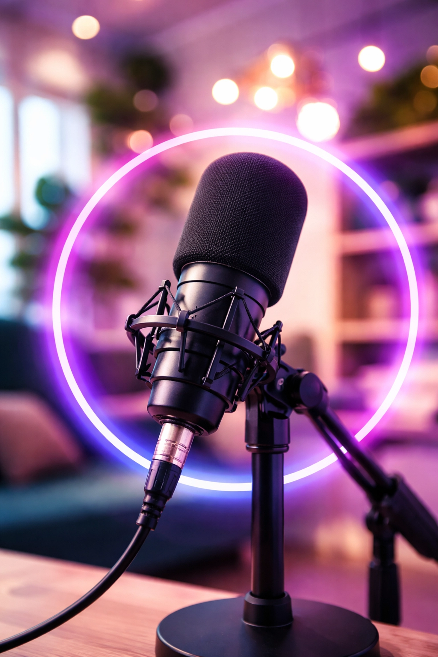 Professional podcast microphone in a bright, welcoming studio, symbolizing open conversations for crossdressers and trans women.
