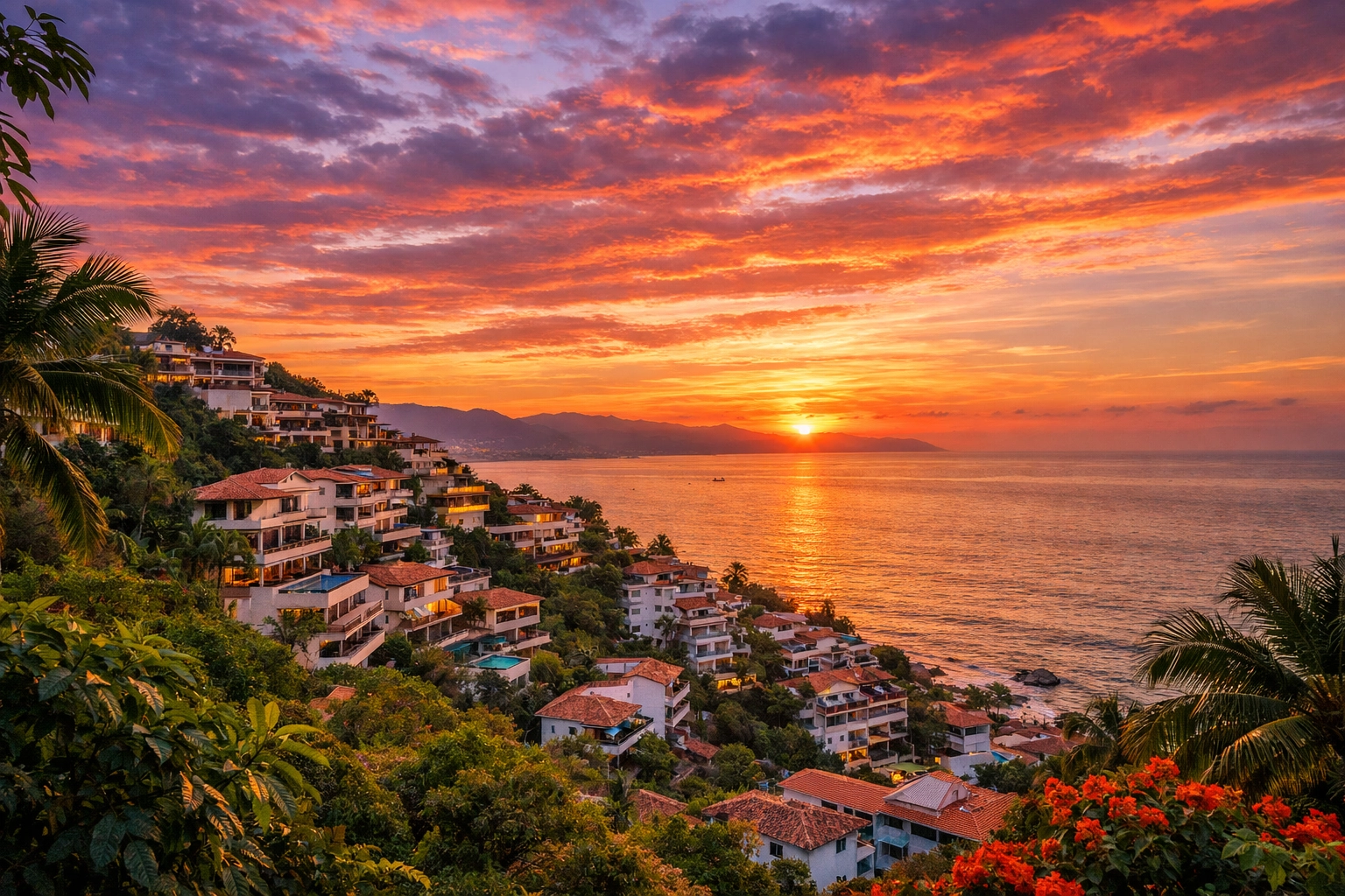Amapas hillside neighborhood sunset views overlooking Puerto Vallarta and Banderas Bay