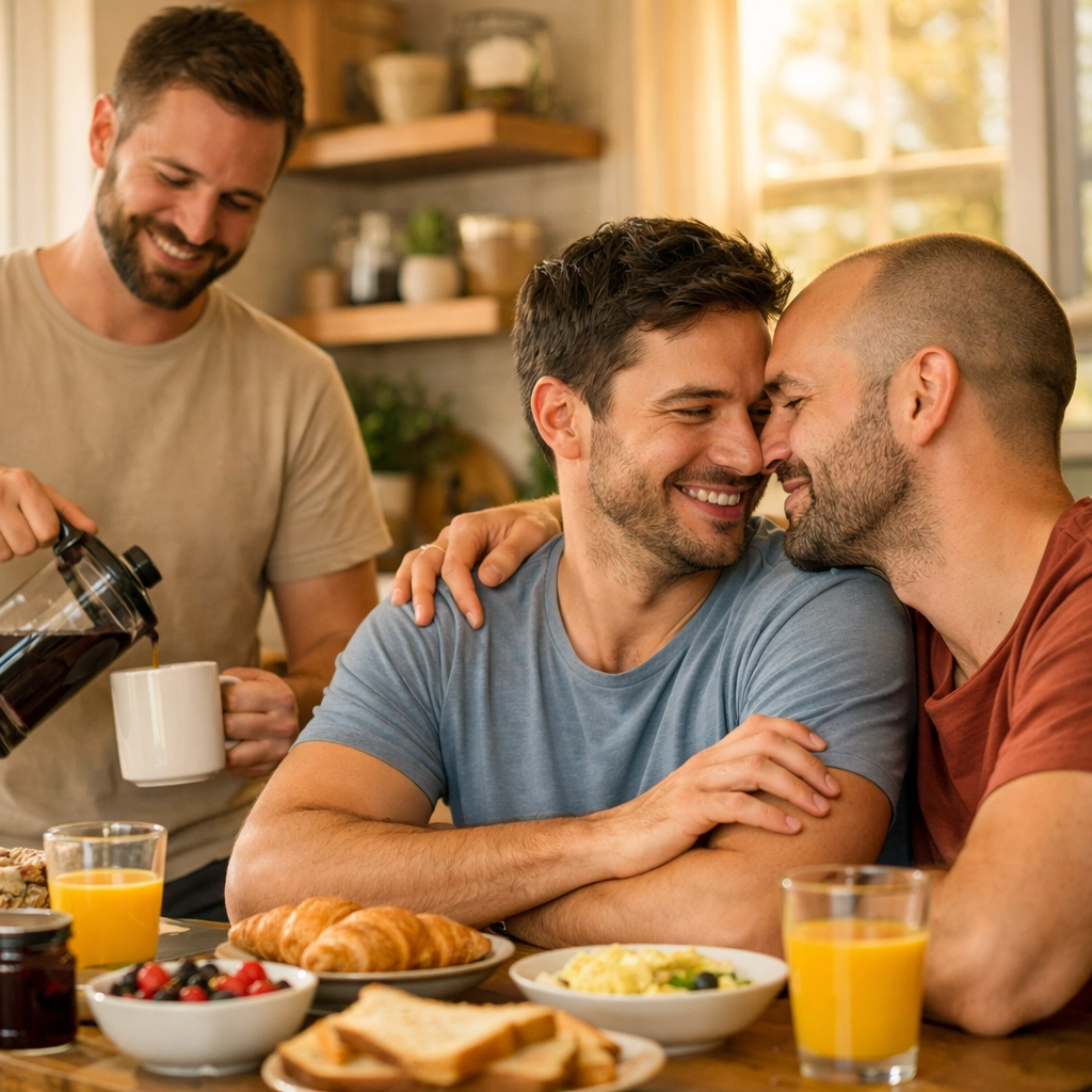 A happy polyamorous male triad sharing coffee, illustrating non-traditional queer relationship milestones.