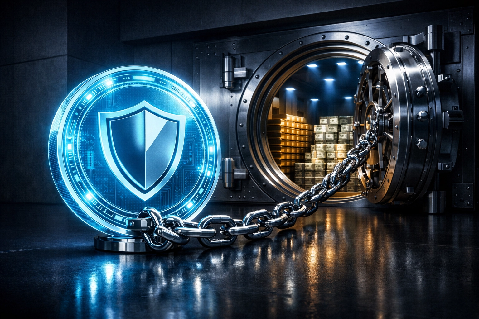 Secure stablecoin anchored to a gold vault representing federal reserve backing under the GENIUS Act.