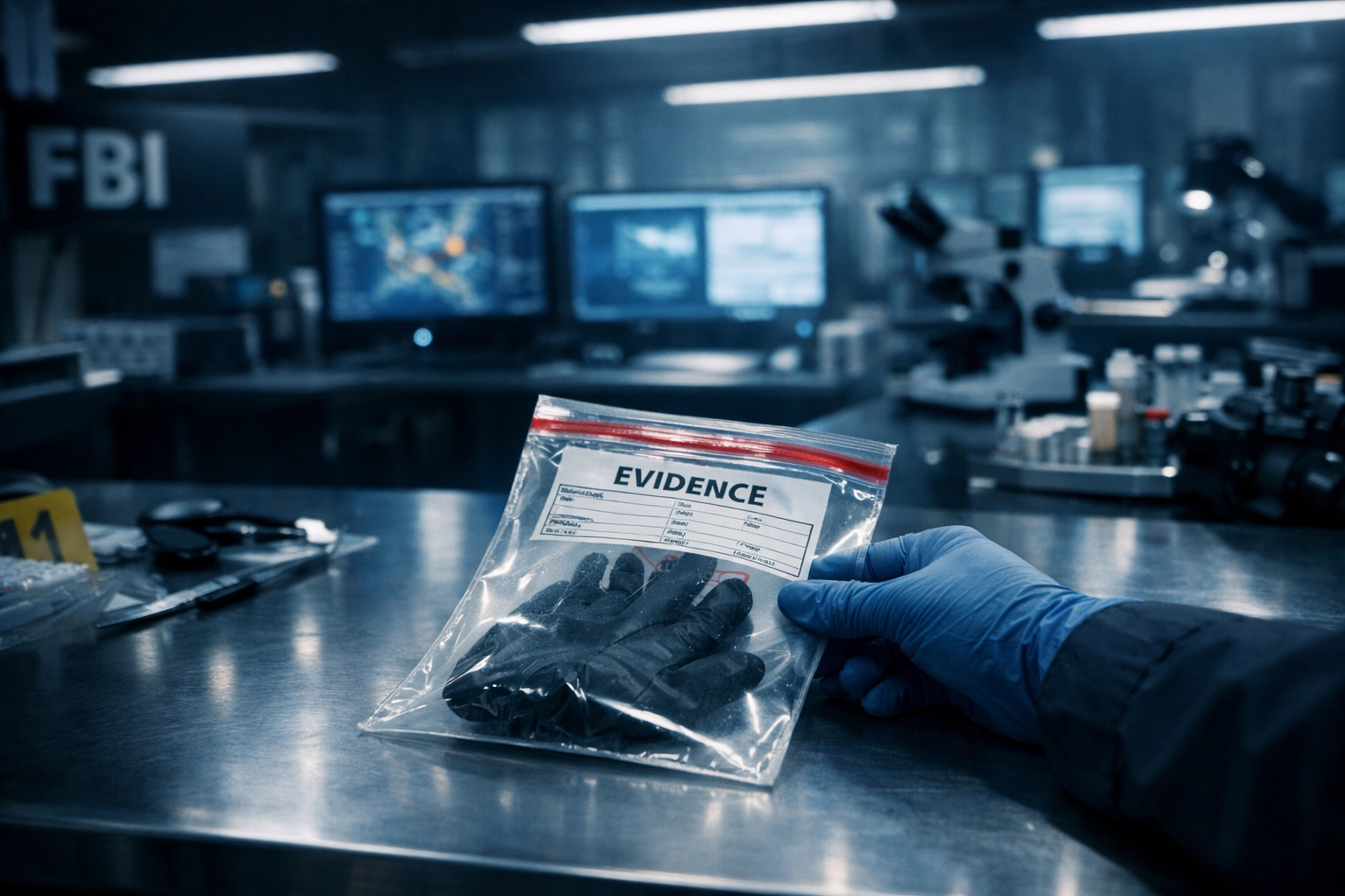 FBI evidence laboratory with forensic investigation materials and computer monitors