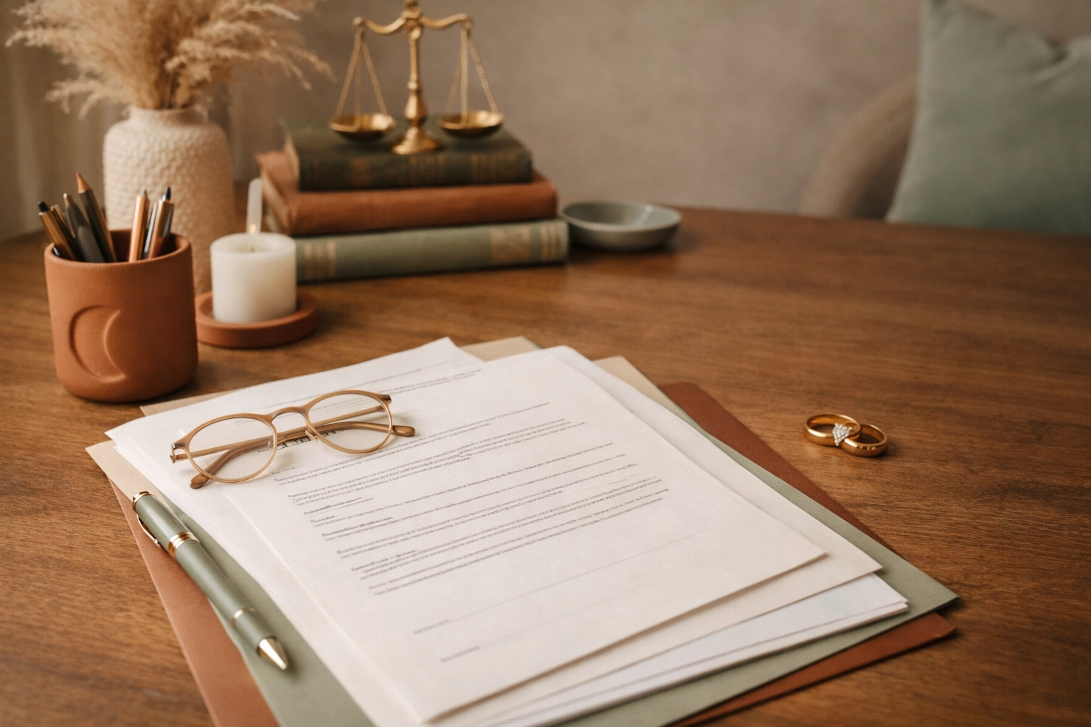 Neutral legal documents, glasses, and a wedding ring on a refined desk for choosing a divorce attorney in Fredericksburg, VA.