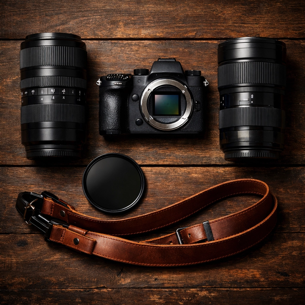 Overhead view of professional gear for beginners learning how to use manual mode camera techniques.