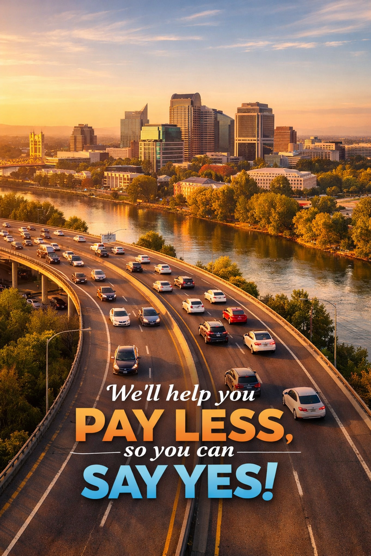 Sacramento downtown skyline with electric vehicles commuting on Interstate 80