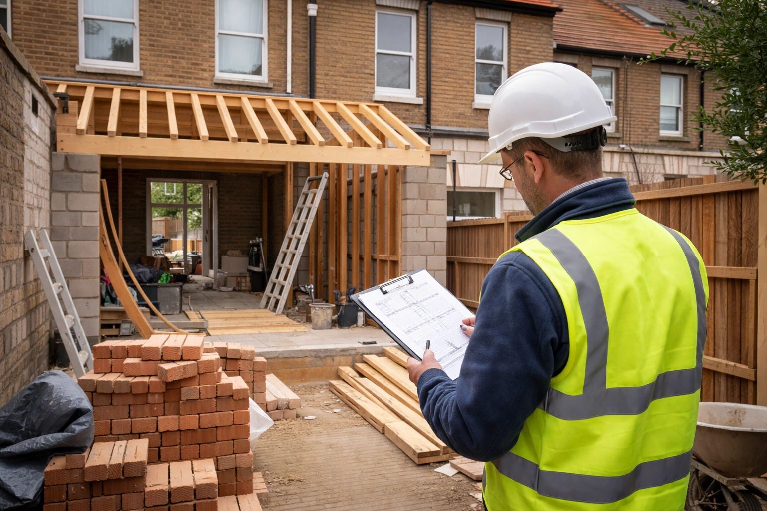 Site supervisor reviewing extension plans at a partially completed house extension project