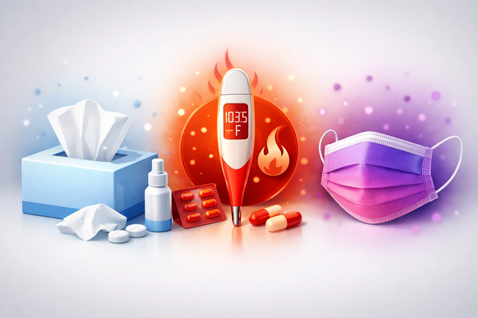 Comparison of cold, flu, and COVID-19 symptoms with tissue box, thermometer, and protective mask