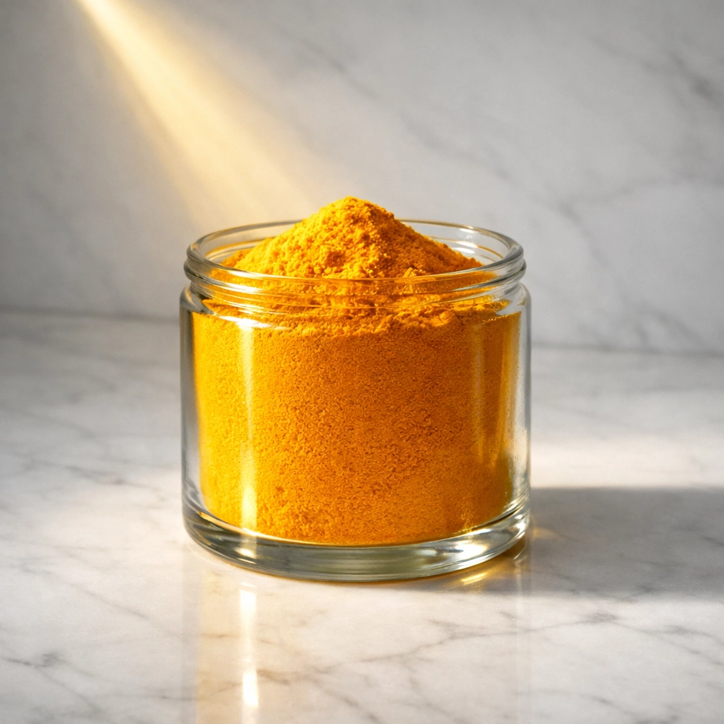 Pure, high-quality Alleppey turmeric powder in a glass jar on a premium marble countertop.