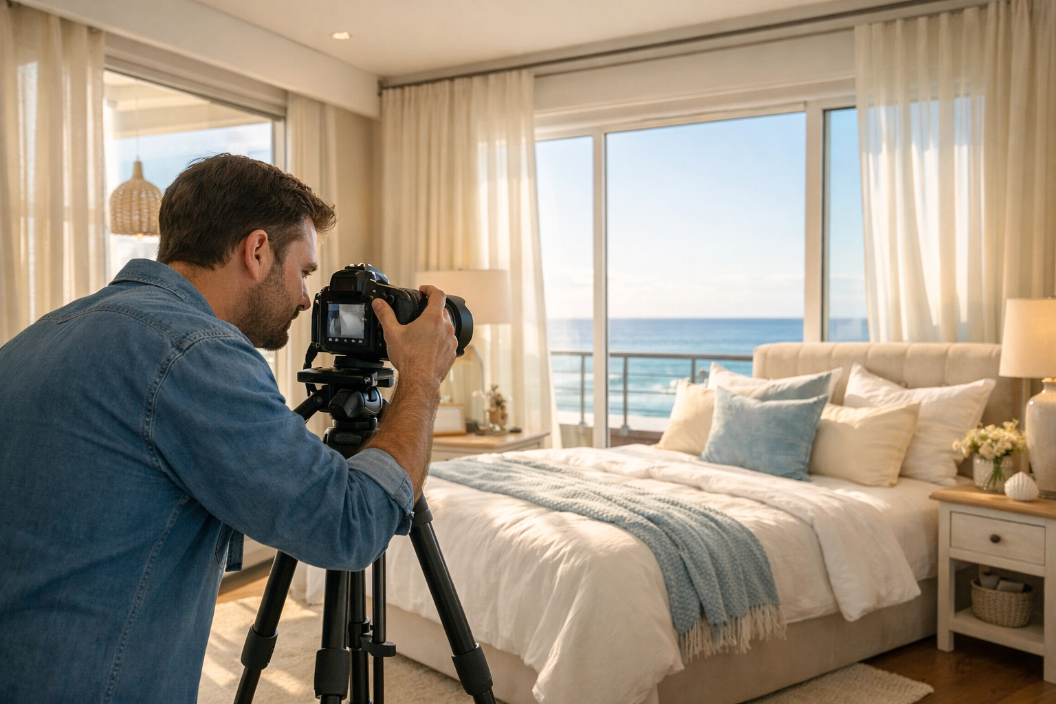 Professional photographer capturing luxury vacation rental bedroom with ocean views and elegant staging