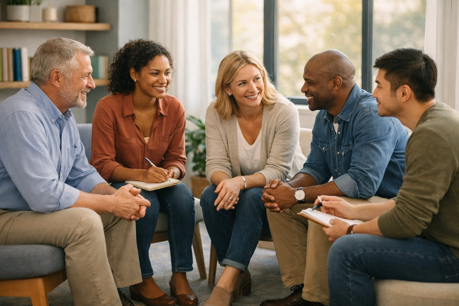 Diverse team in circle discussing psychological safety priorities in bright modern office