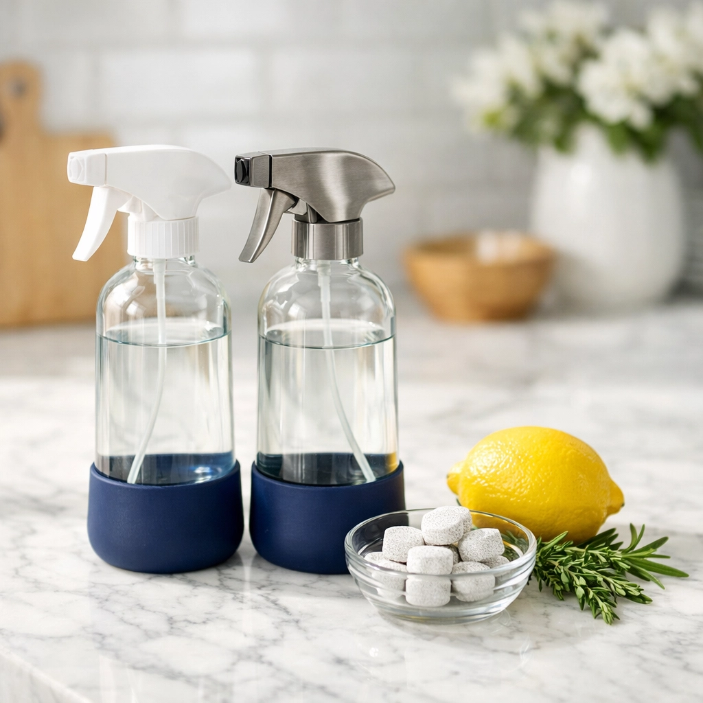 Eco-friendly house cleaning in Marblehead using refillable glass bottles on a marble kitchen counter.