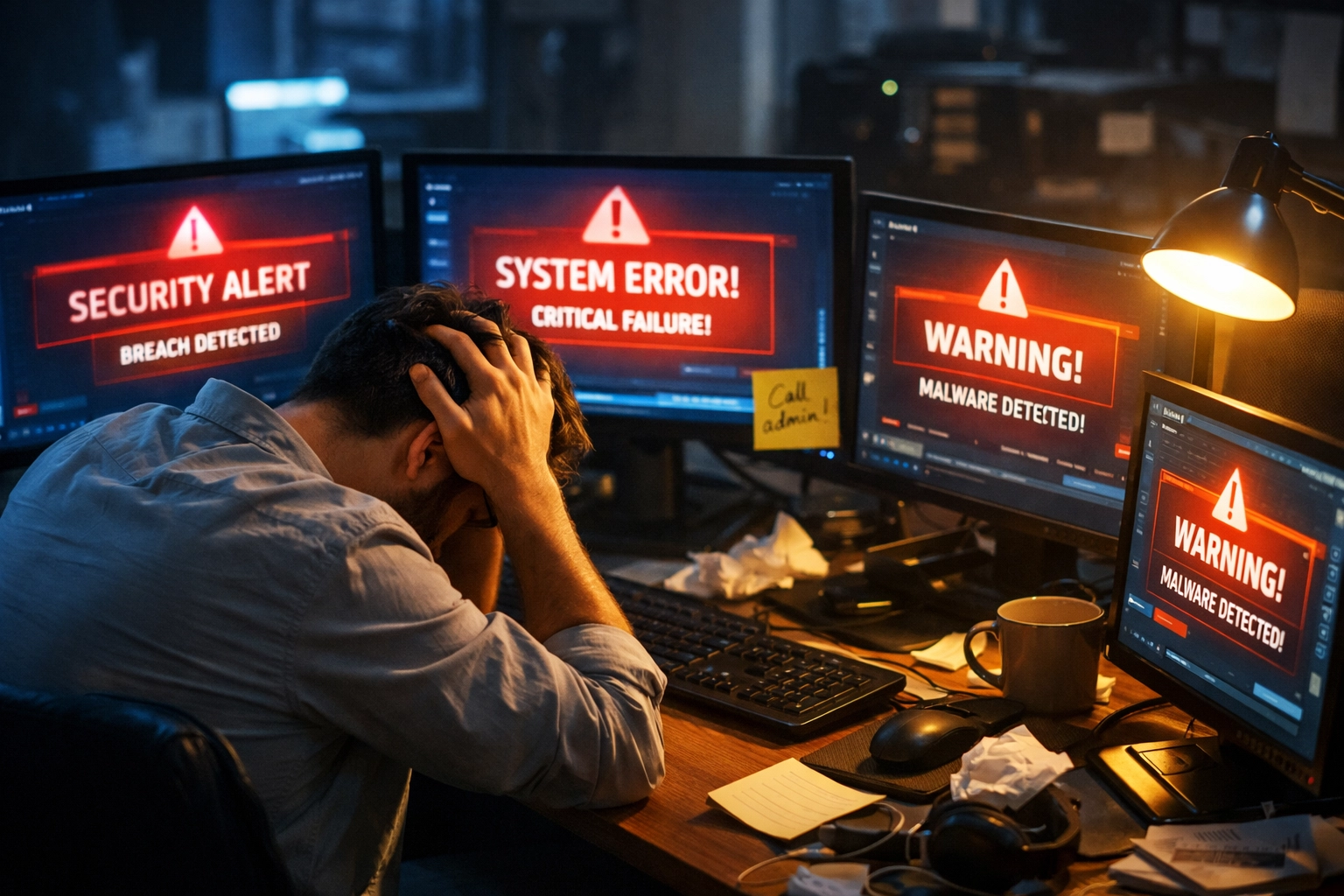 Overwhelmed MSP technician facing burnout from reactive support ticket alerts