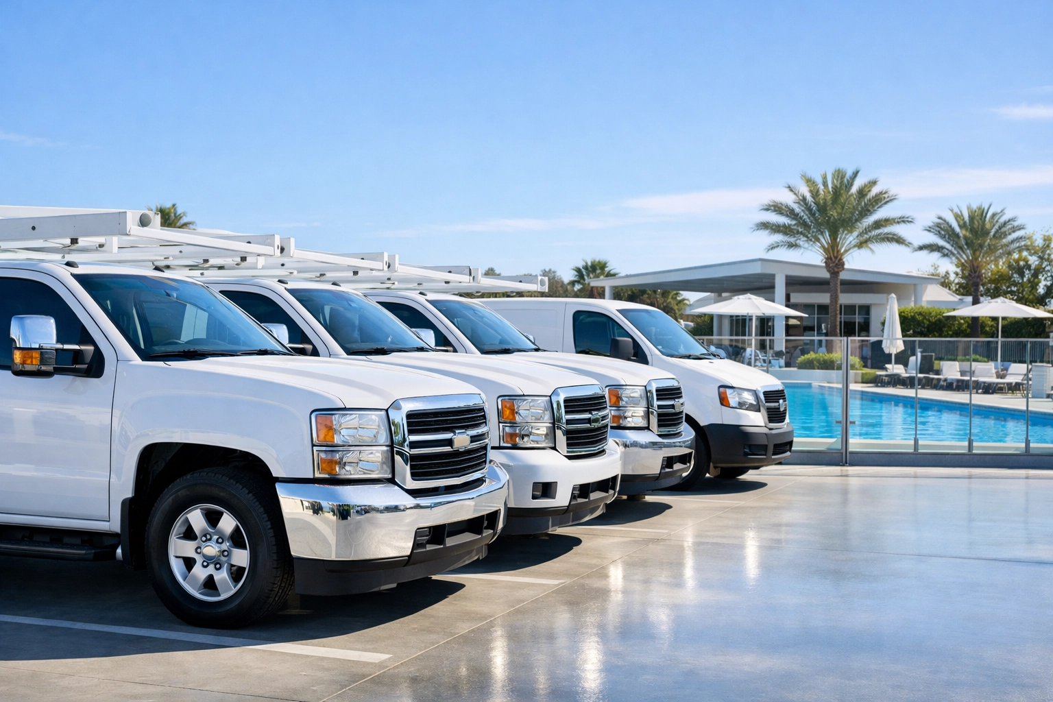 Organized fleet of white pool service trucks showcasing a turn-key business for sale.