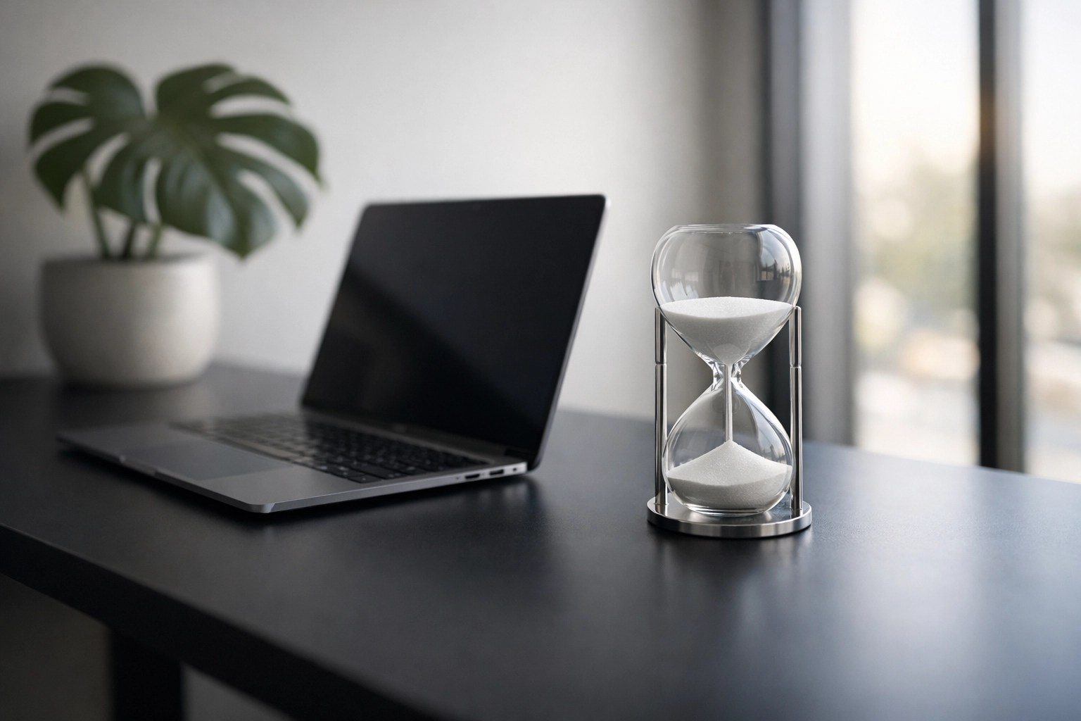 A minimalist, distraction-free home office setup with an hourglass timer for structured online study sessions.