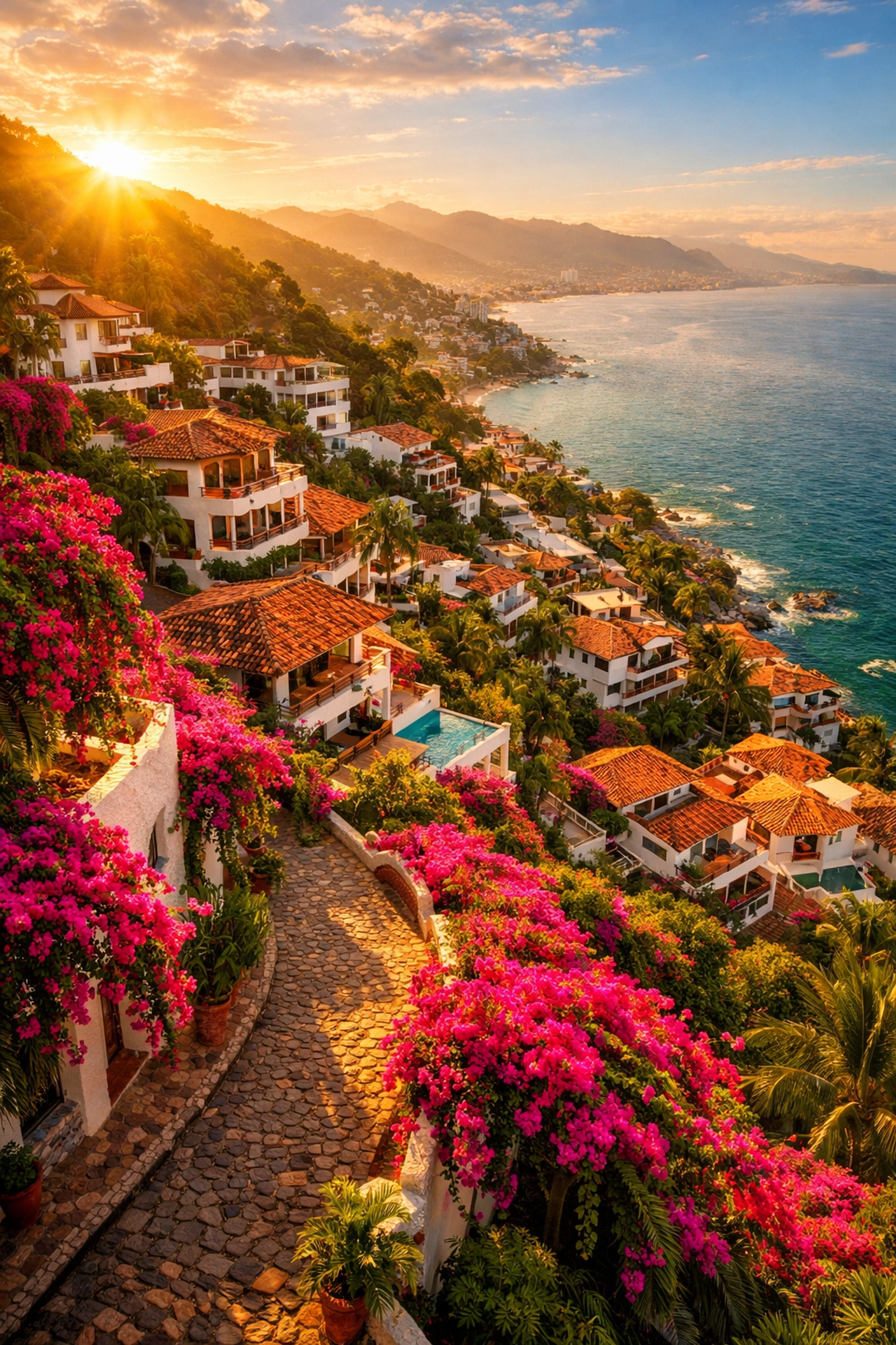 Amapas hillside villas overlooking Banderas Bay in Puerto Vallarta at sunset