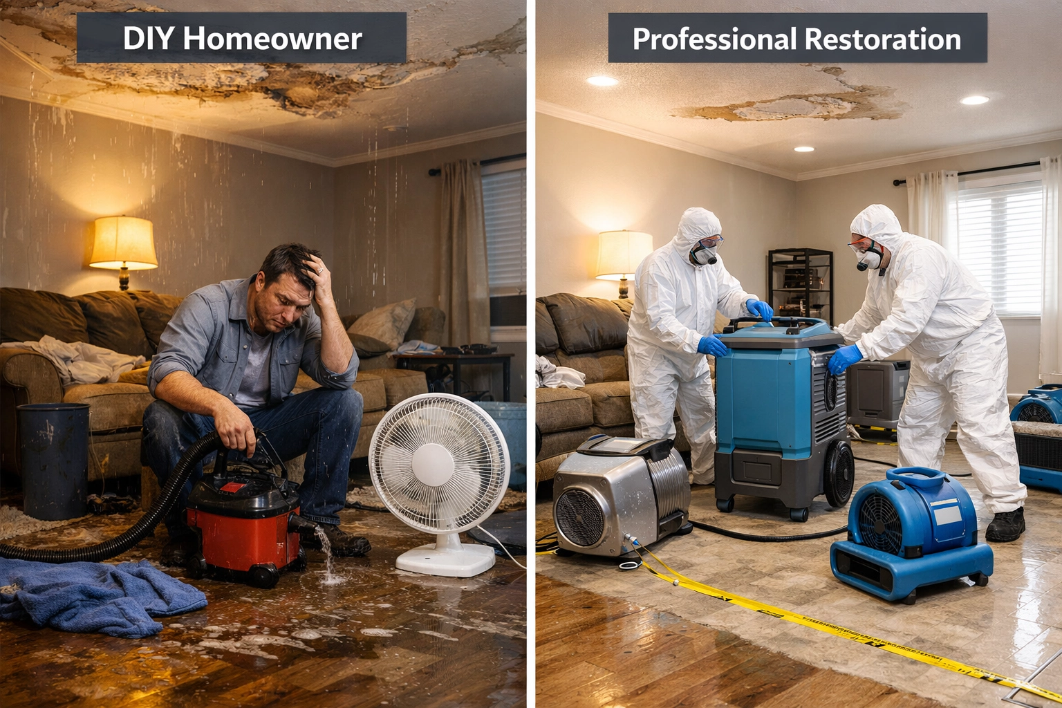 Comparison of DIY cleanup vs professional water damage restoration equipment and results