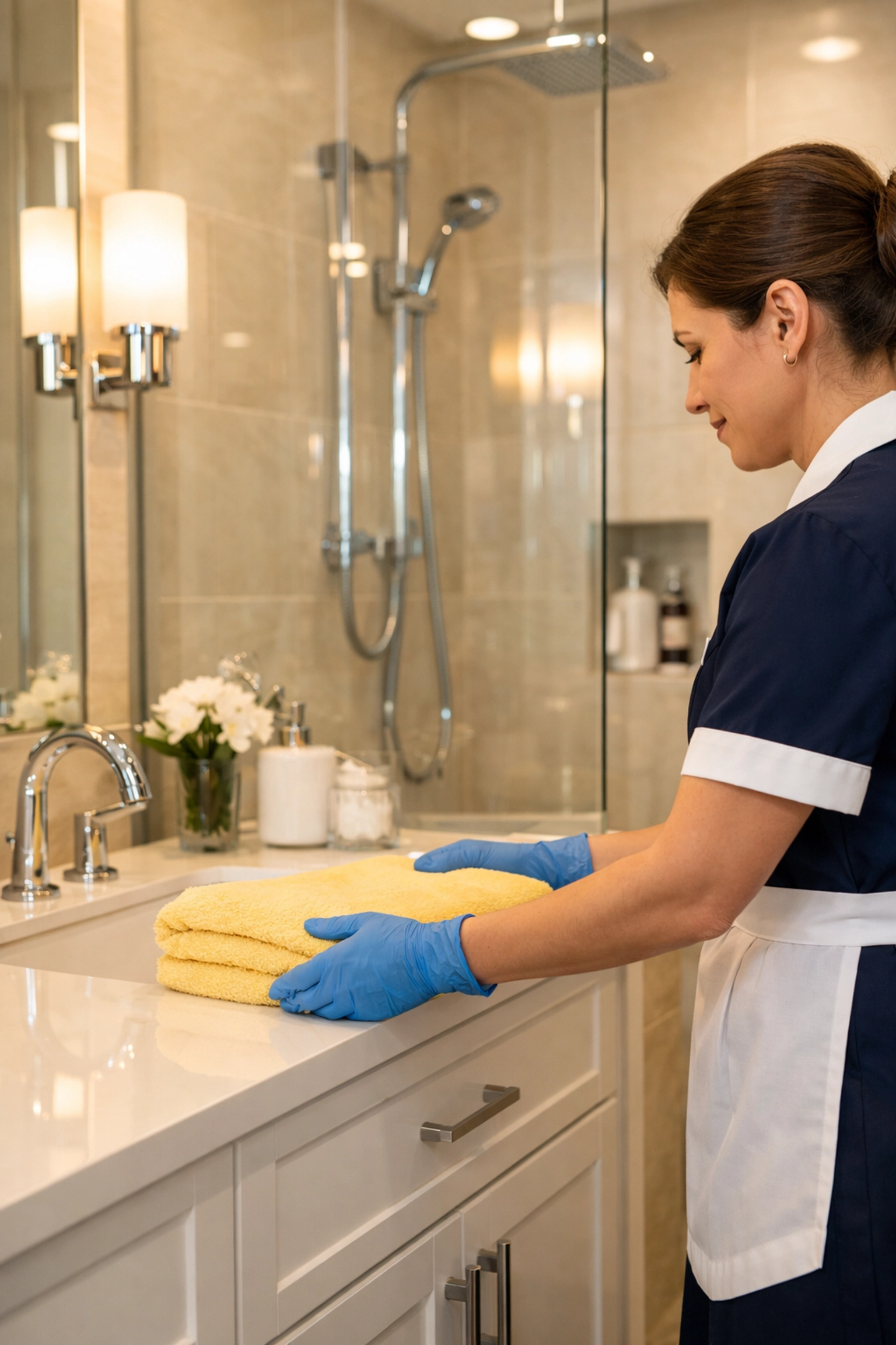 Professional residential cleaner finishing a luxury bathroom service in Groton Massachusetts.