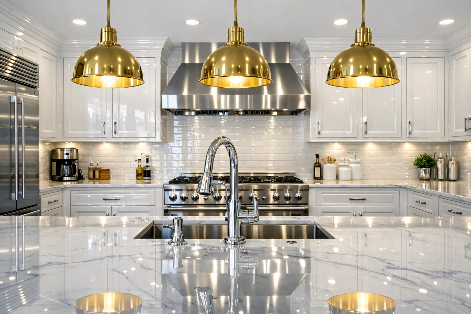 Spotless luxury kitchen in Lunenburg featuring polished marble countertops and deep-cleaned surfaces.