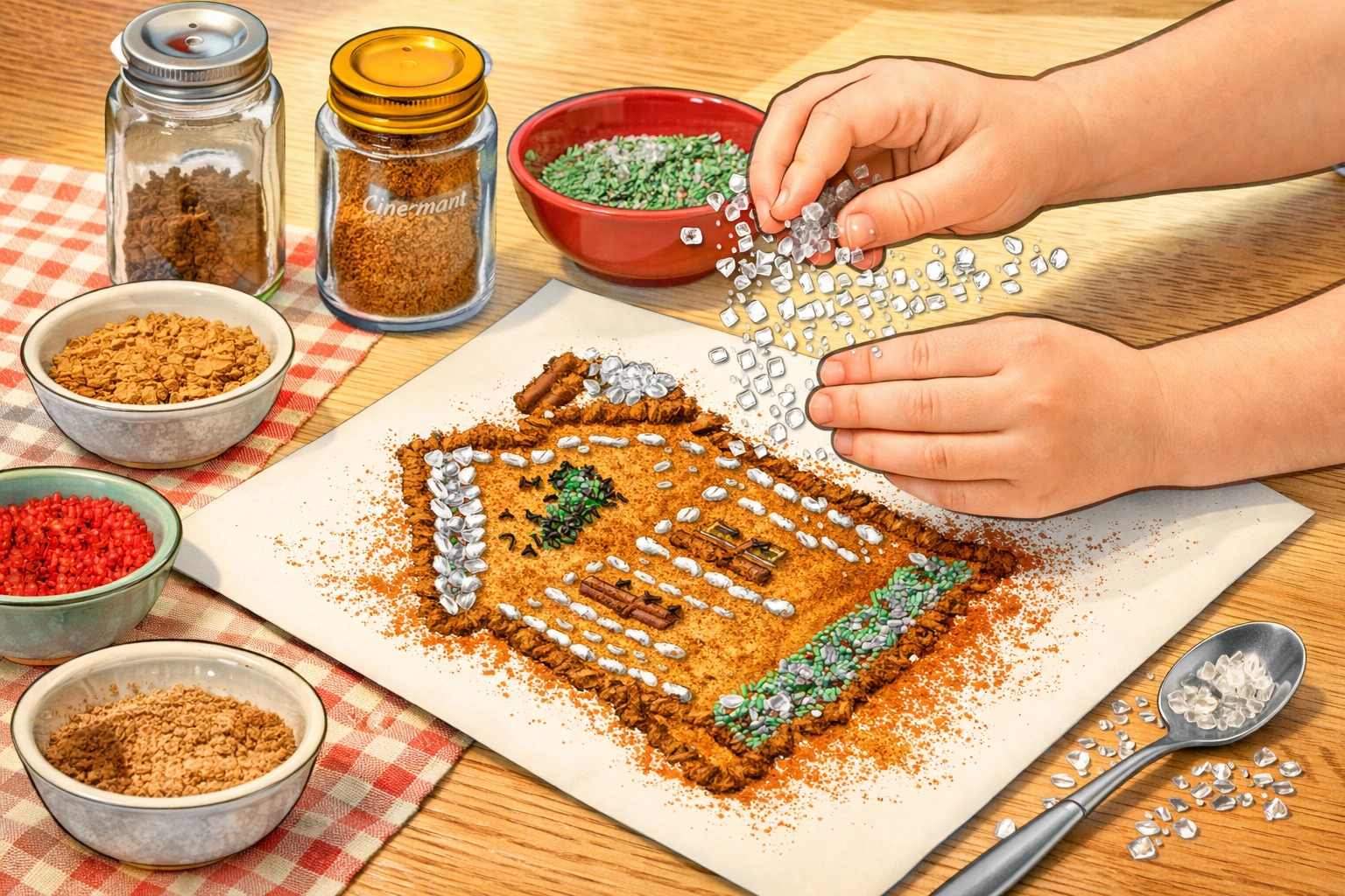 Close-up of a child's hands adding rock sugar crystals to a homemade spice painting for a sparkling effect.