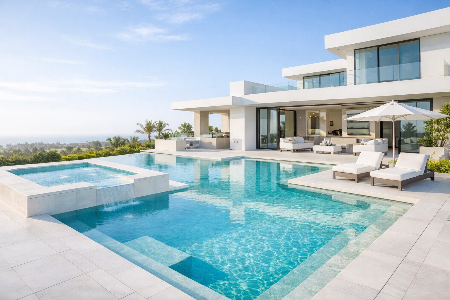 High-end residential infinity pool representing a premium pool cleaning route for sale.